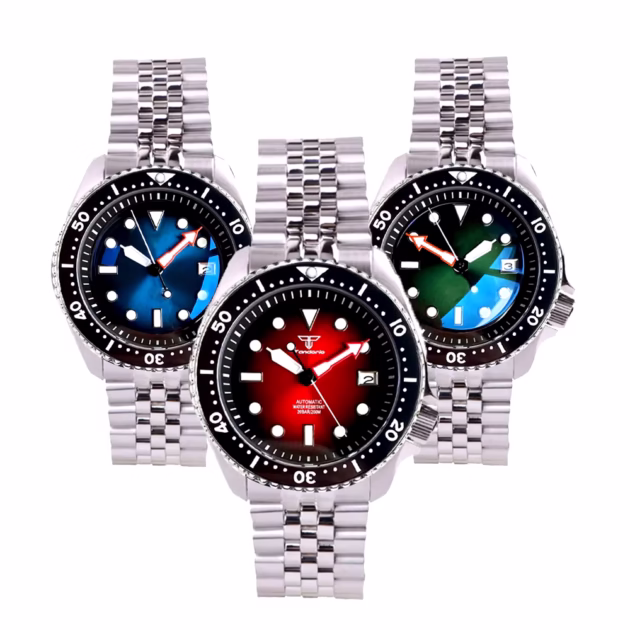 Tandorio NH35A Movement Mechanical Automatic Men Watch Sunburst Red dial 20bar Wristwatch 120clicks Bezel Steel Bracelet